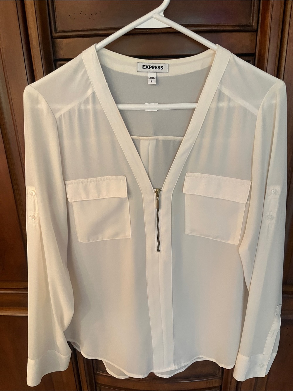 Express Cream Zip-Pocket V-Neck Blouse